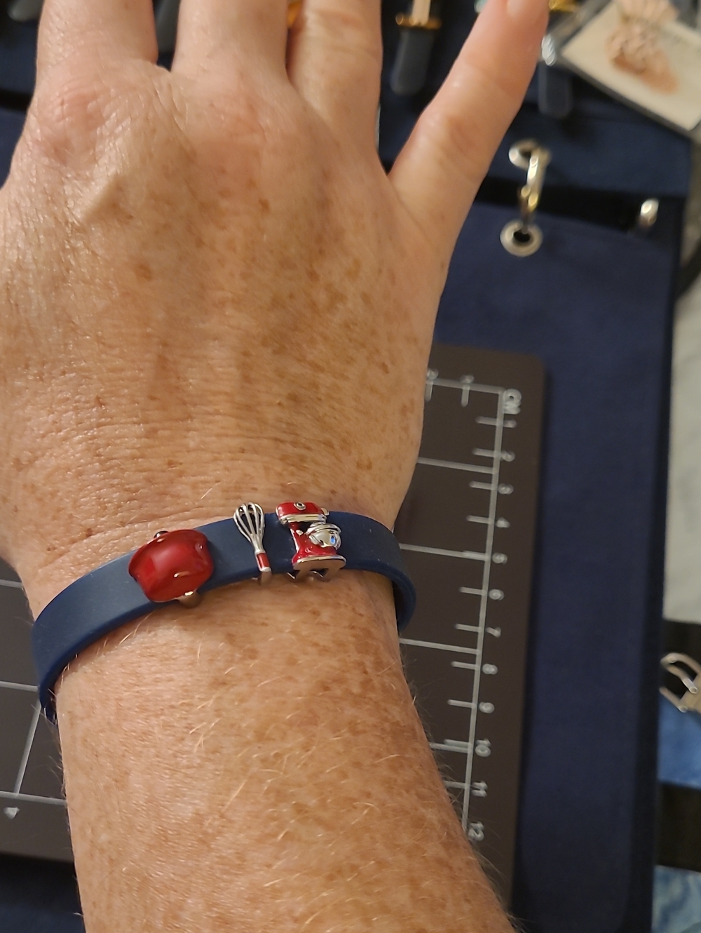 Stella & Dot Navy Silicone Charm Bracelet With 3 Kitchen Themed Charms